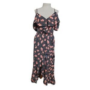 Blush Floral Faux Wrap flutter sleeve Dress Size Medium Off shoulder Black